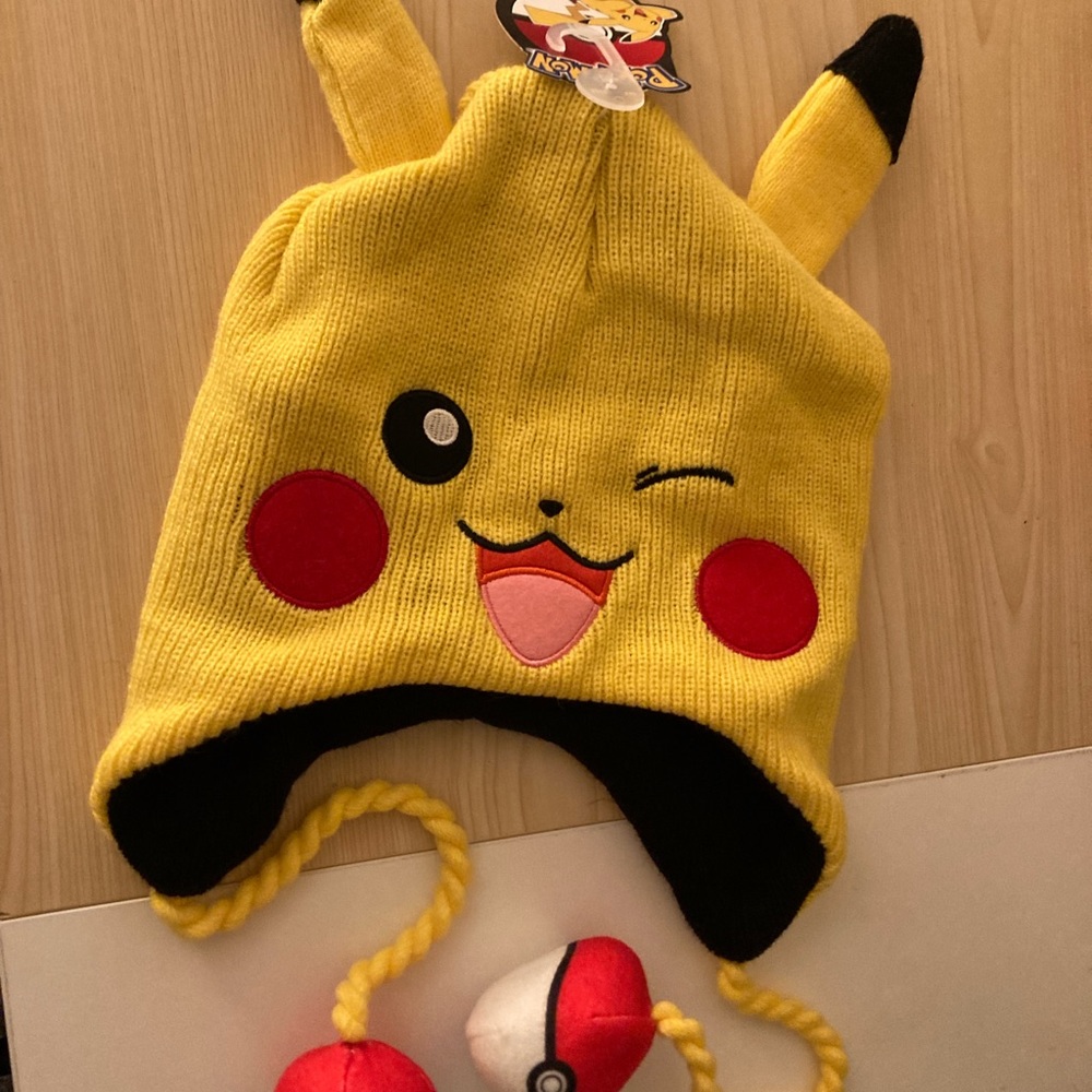 Pikachu warm hat with pokeball tassel NWT